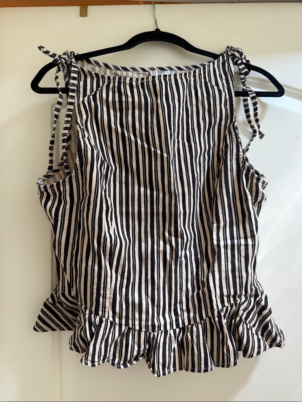 H&M Black and White Striped Tie-Shoulder Ruffle Tank
